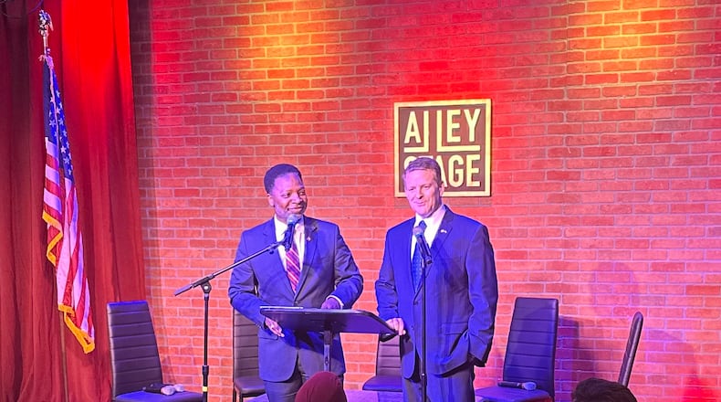 Mableton Mayor Michael Owens (left) and former Cobb GOP chair Jason Shepherd (right) participated in the “Disagree Better” event in Marietta.