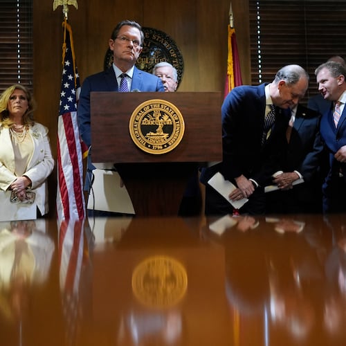 FILE - State House Speaker Cameron Sexton, R-Crossville, center, speaks about the Republican party's legislative package of bills on immigration during a news conference on Jan. 15, 2026, in Nashville, Tenn. (AP Photo/George Walker IV, File)