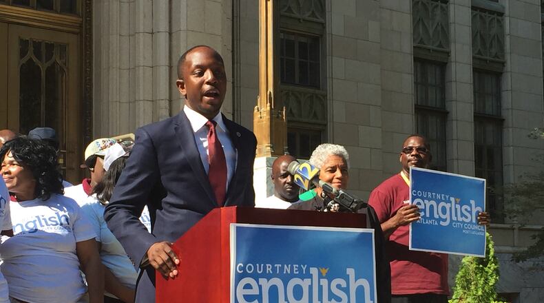 Atlanta Board of Education Chairman Courtney English speaks at a Thursday press conference at which he was endorsed by former Atlanta Mayor Shirley Franklin for a seat on the Atlanta City Council. LSTAFFORD/AJC