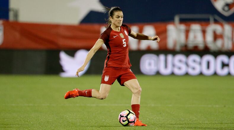 U.S. defender Kelley O'Hara makes a pass during an international friendly soccer match against Russia at Toyota Stadium in Frisco, Texas, Thursday, April 6, 2017. (Tony Gutierrez/AP)