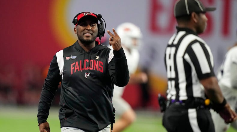 East head coach and Atlanta Falcons special teams coordinator Marquice Williams during the first half of the East-West Shrine Bowl NCAA college football game Thursday, Feb. 2, 2023, in Las Vegas. (AP Photo/John Locher)
