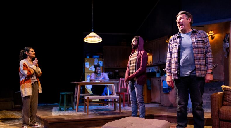 Advice columnist Sugar (Maria Rodriguez-Sager, left) interacts with her correspondents (Candy McLellan, Stephen Ruffin, Robin Bloodworth) as though they’re in her living room in “Tiny Beautiful Things."