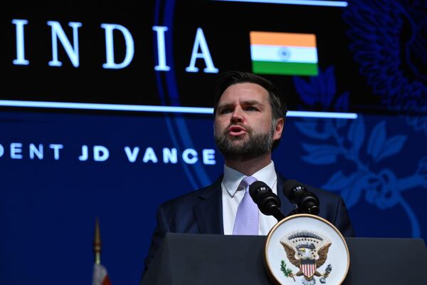 U.S. Vice President JD Vance delivers remarks at the Rajasthan International Centre in Jaipur, India, Tuesday, April 22, 2025. (Kenny Holston/The New York Times via AP, Pool)
