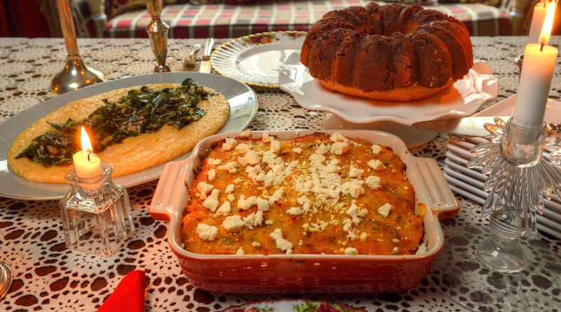 Coconut Grits with Coconut-Braised Collards; Pastelon de Plantano (the casserole); and Mami’s Bizcocho de Ron (Rum Cake). Styling by CW Cameron. CHRIS HUNT/SPECIAL