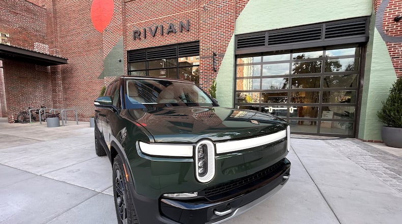 A Rivian R1S sits outside the Rivian store at Ponce City Market in Atlanta on Oct. 19, 2023. (J. Scott Trubey/The Atlanta Journal-Constitution/TNS)