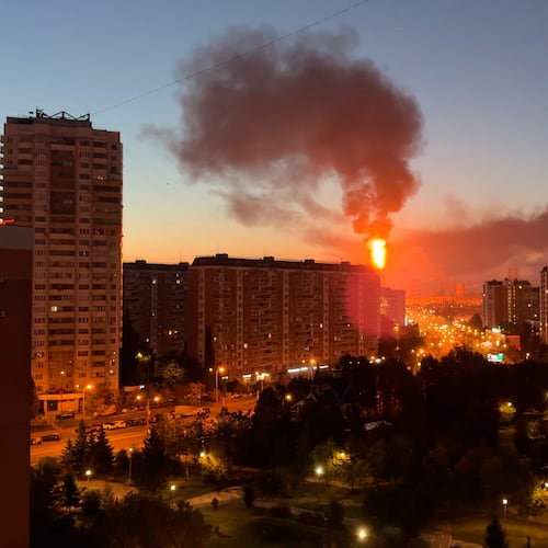 Flame and smoke is seen rising from Moscow's oil refinery in the south east of the city following a largescale Ukrainian drone attack, Sunday, Sept. 20, 2026. (UGC via AP)