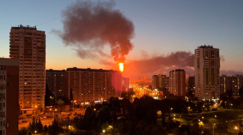 Flame and smoke is seen rising from Moscow's oil refinery in the south east of the city following a largescale Ukrainian drone attack, Sunday, Sept. 20, 2026. (UGC via AP)