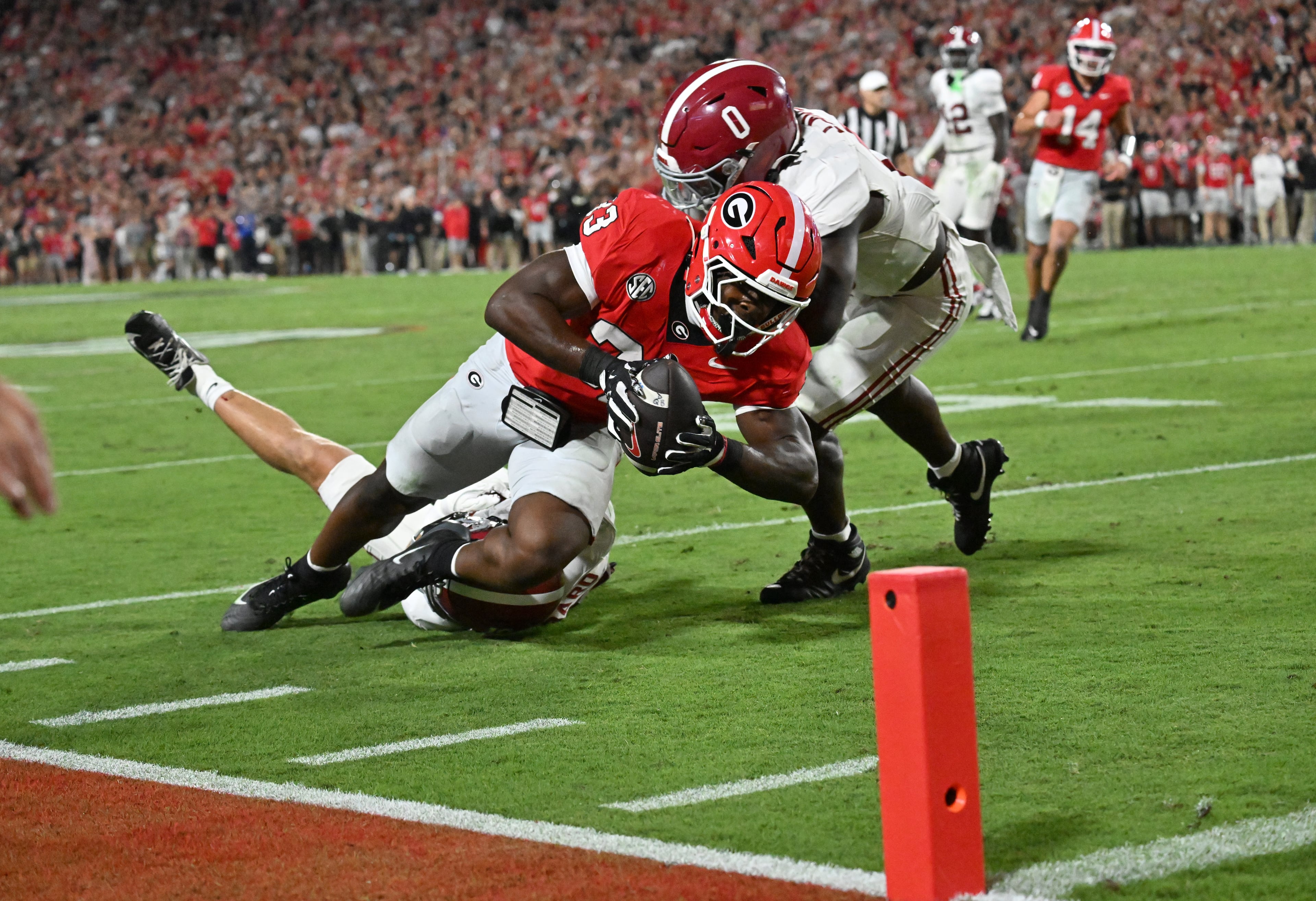 Georgia running back Chauncey Bowens (33) falls near the endzone during the first half in an NCAA football game at Sanford Stadium, Saturday, September 27, 2025, in Athens. (Hyosub Shin / AJC)