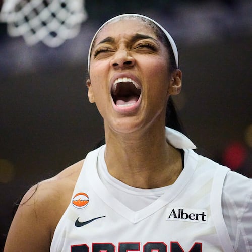 Atlanta Dream's Angel Reese reacts after scoring against the Toronto Tempo during the second half of a WNBA basketball game in Toronto, on Sunday, June 14, 2026. (Sammy Kogan/The Canadian Press via AP)