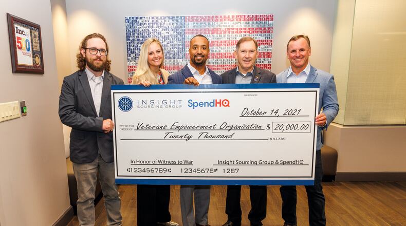 After interviewing Tony Kimbrough, CEO of the Veterans Empowerment Organization, for the Witness to War Foundation, Insight Sourcing Group and SpendHQ made a $20,000 donation to the VEO, which assists homeless Veterans. L-R: Martin Madert (Witness to War Interviewer), Emily Carley (WTW Director), Tony Kimbrough (Veterans Empowerment Organization CEO), LTG (Ret) Ken Keen (WTW Advisory Board Member), & Tom Beaty (WTW Founder). (Courtesy Witness to War Foundation)