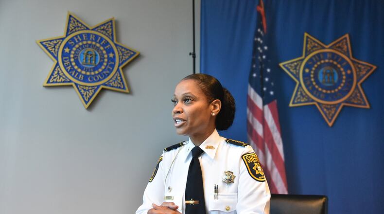 Melody Maddox speaks at the DeKalb County Sheriff's Office on Wednesday. (Hyosub Shin / Hyosub.Shin@ajc.com)