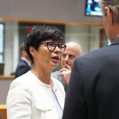 European Commissioner for Enlargement Marta Kos, left, speaks with Lithuania's Foreign Minister Kestutis Budrys, center, and European Union foreign policy chief Kaja Kallas, right, during a round table meeting of EU foreign ministers in Brussels, Monday, July 13, 2026. (AP Photo/Marius Burgelman)