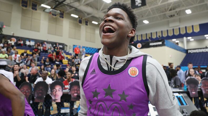 Anthony Edwards reacts during the 2019 Powerade Jam Fest on March 25, 2019 in Marietta, Georgia.  (Photo by Patrick Smith/Getty Images for Powerade)
