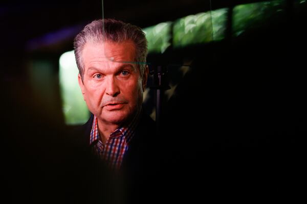 Republican nominee for governor Rick Jackson speaks during his rally at the Bibb Mill Event Center in Columbus last week. (Abbey Cutrer/AJC)