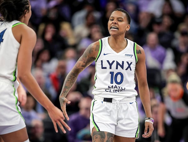 Courtney Williams (10) celebrates a 3-point shot in the second half as the Golden State Valkyries played the Minnesota Lynx at Chase Center in San Francisco, on Sunday, June 1, 2025. (Carlos Avila Gonzalez/San Francisco Chronicle via AP)