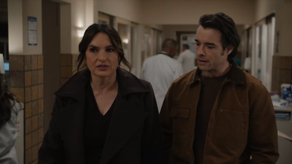 Mariska Hargitay (left) as Capt. Olivia Benson schools Detective Jake Griffin (Corey Cott) during a scene from Episode 14 of Season 27 of "Law & Order: SVU." “You’re a detective,” Benson tells Griff. “You’re supposed to question everything and everyone." (Screenshot from NBC)