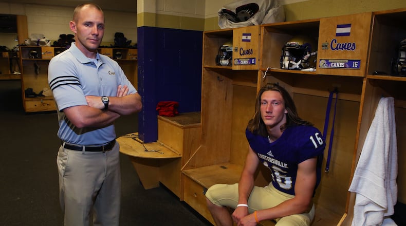 Cartersville coach Joey King and former Cartersville star QB Trevor Lawrence. (AJC file photo/Henry Taylor)