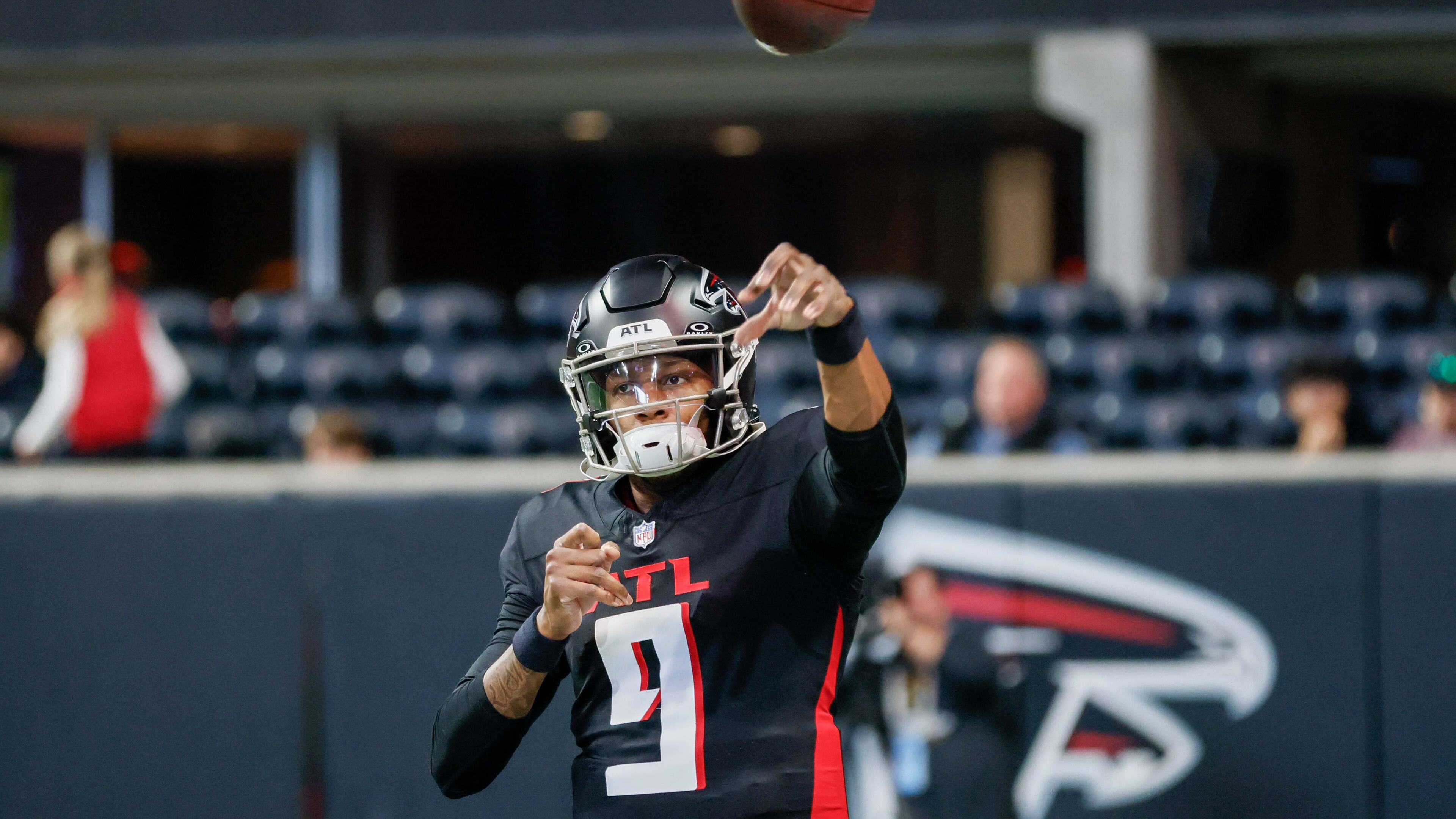 Falcons quarterback Michael Penix Jr. throws the ball during warm-ups before the Atlanta Falcons and Caroline Panthers on Sunday, Jan. 5, 2025, at Mercedes-Benz Stadium. (Miguel Martinez/AJC)