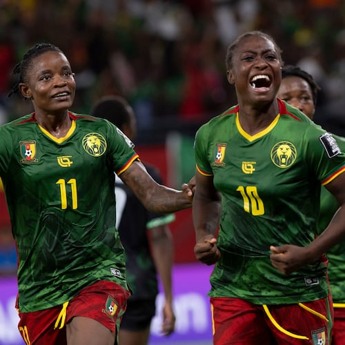 Cameroon's Naomi Leslie Ndjoah Eto, right, celebrates after scoring her team's second goal against Malawi during the Women AFCON 2026 final soccer match, in Rabat, Morocco, Sunday, Aug. 16, 2026. (AP Photo)