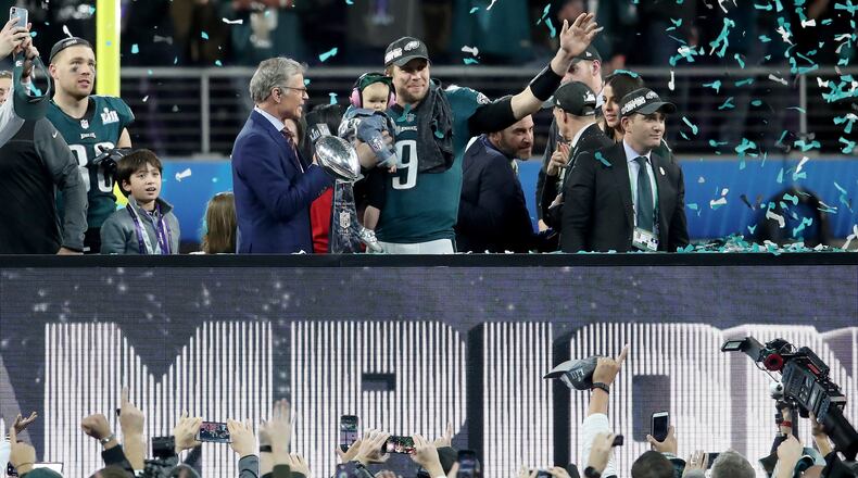 NBC personality Dan Patrick interviews Nick Foles of the Philadelphia Eagles as he is named Super Bowl MVP after they defeated the New England Patriots 41-33 in Super Bowl LII at U.S. Bank Stadium on Feb. 4, 2018 in Minneapolis.
