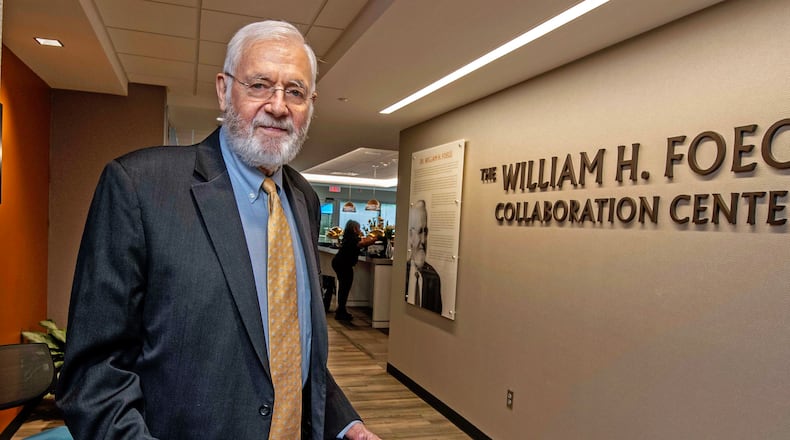 Dr. William Foege at a 40th anniversary event at The Task Force for Global Health.
Photo taken by Dean Hesse.
In the spring 1984, Foege was asked to join global health leaders at The Rockefeller Foundation’s Bellagio Center in Italy to help organizations including WHO and UNICEF work together to together and accelerate progress to reduce the staggering number of children contracting and dying of preventable diseases like measles, polio, and diphtheria.