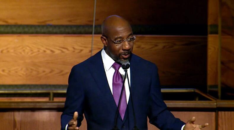 U.S. Sen. Raphael Warnock, who is the pastor of Ebenezer Baptist Church, speaks at the Martin Luther King Jr. Beloved Community Commemorative Service at the church on Monday, Jan. 17, 2022. The event was invitation-only and virtual amid the ongoing pandemic. (Photo: King Center livestream)