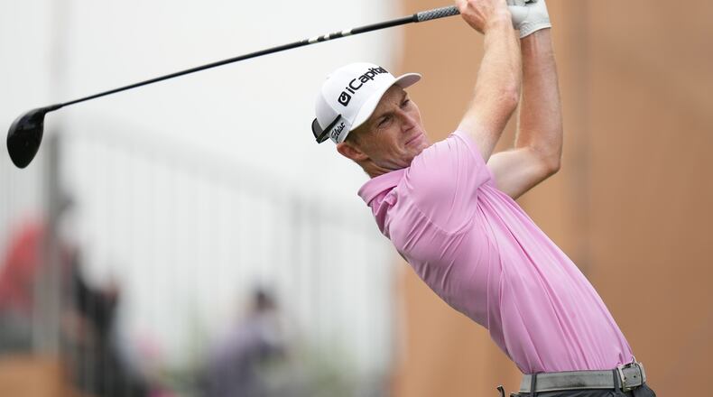 Will Zalatoris watches his drive off the eighth tee during the first round of the Valero Texas Open golf tournament in San Antonio, Thursday, April 2, 2026. (AP Photo/Eric Gay)