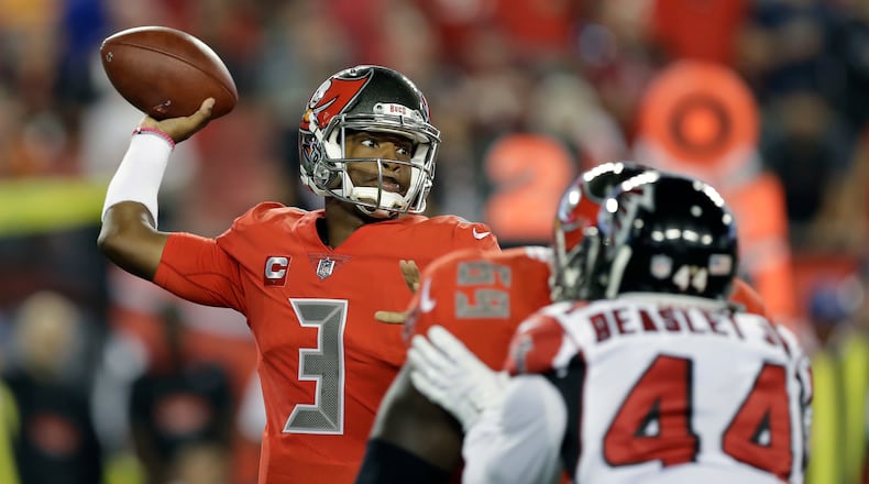 Tampa Bay Buccaneers quarterback Jameis Winston (3) throws a pass against the Falcons. (AP Photo/Chris O'Meara)