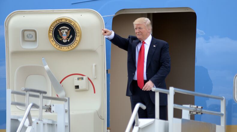 APRIL 28, 2017 ATLANTA President Donald Trump arrives at Hartsfield Jackson International Airport, aboard Air Force One, Friday April 28, 2017. Trump is in town for a speech to the National Rifle Association's convention and a fundraiser for 6th District candidate Karen Handel. KENT D. JOHNSON/ kdjohnson@ajc.com