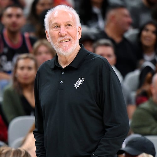 FILE - San Antonio Spurs head coach Gregg Popovich watches play during the second half of a preseason NBA basketball game against the Houston Rockets, Wednesday, Oct. 18, 2023, in San Antonio. (AP Photo/Darren Abate, File)