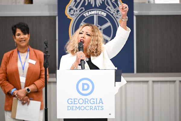 Democratic U.S. Rep. Lucy McBath campaigns for Charlie Bailey to be elected as the Democratic Party of Georgia’s new chairman on Saturday, May 3, 2025. (Daniel Varnado for the AJC)