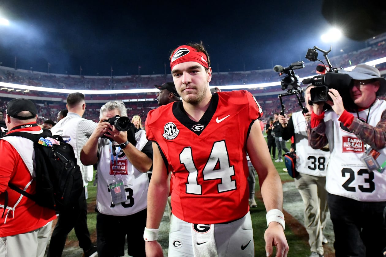 Georgia quarterback Gunner Stockton leaves after Georgia beat Texas during an NCAA football game at Sanford Stadium, Saturday, Nov. 15, 2025, in Athens. Georgia won 35-10 over Texas. (Hyosub Shin/AJC)