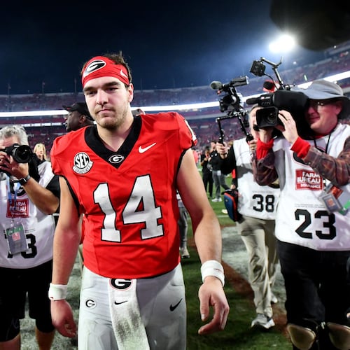Georgia quarterback Gunner Stockton leaves after Georgia beat Texas during an NCAA football game at Sanford Stadium, Saturday, Nov. 15, 2025, in Athens. Georgia won 35-10 over Texas. (Hyosub Shin/AJC)