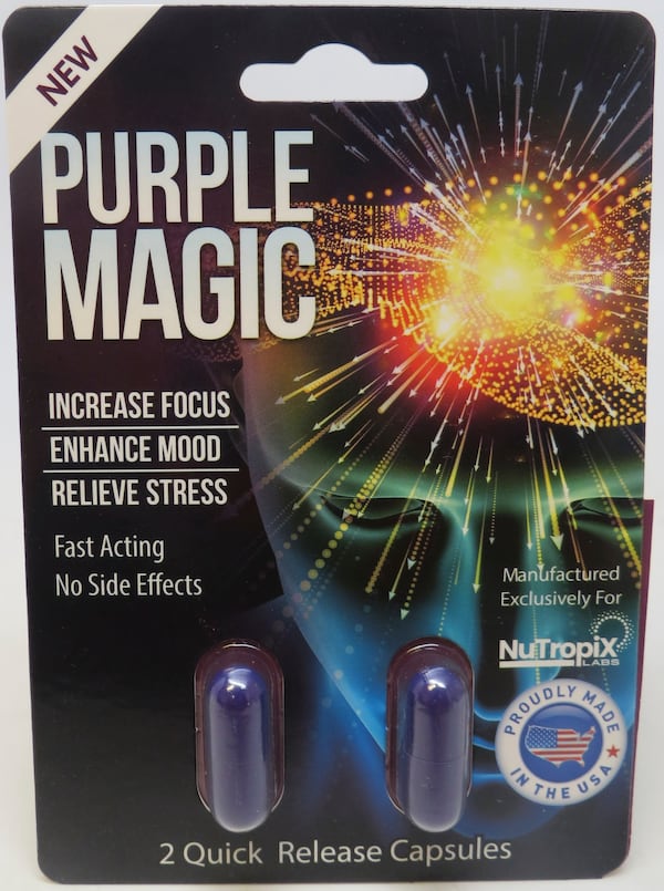 This photo provided by the FDA in January 2024 shows capsules of Purple Magic, a product labeled to contain tianeptine. (FDA Office of Regulatory Affairs, Health Fraud Branch via AP)