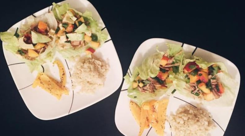 I made these Whole30 pulled pork lettuce wraps with homemade spicy peach salsa one night for my boyfriend – he’s a picky eater, but loved them!