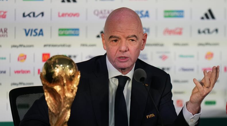 FILE - FIFA President Gianni Infantino speaks during a news conference at the stadium in Mexico City, Wednesday, June 10, 2026, a day before the opening FIFA World Cup match between Mexico and South Africa. (AP Photo/Eduardo Verdugo, File)