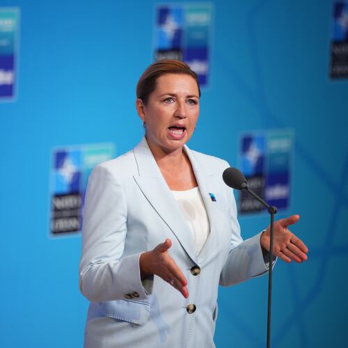 Denmark's Prime Minister Mette Frederiksen speaks as she arrives for the NATO summit in Ankara, Turkey, Wednesday, July 8, 2026. (AP Photo/Emrah Gurel)