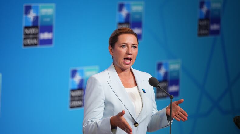 Denmark's Prime Minister Mette Frederiksen speaks as she arrives for the NATO summit in Ankara, Turkey, Wednesday, July 8, 2026. (AP Photo/Emrah Gurel)