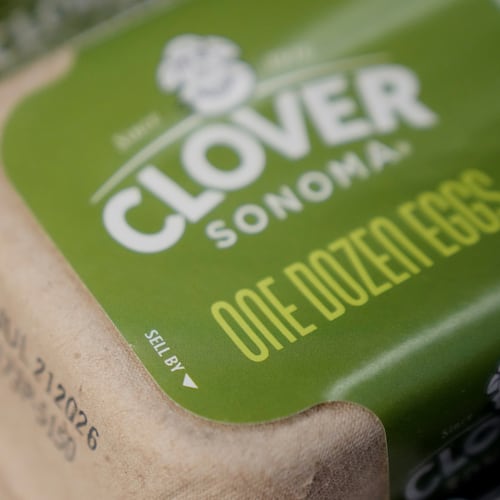 A date is stamped below a Sell By label on a carton of eggs displayed at Park Plaza Fine Foods, Tuesday, June 30, 2026, in San Francisco. (AP Photo/Jeff Chiu)