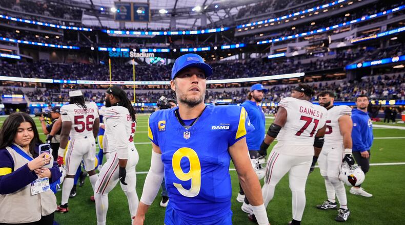 Los Angeles Rams quarterback Matthew Stafford (9) walks off the field after an NFL football game against the Arizona Cardinals, Sunday, Jan. 4, 2026, in Inglewood, Calif. (AP Photo/Mark J. Terrill)