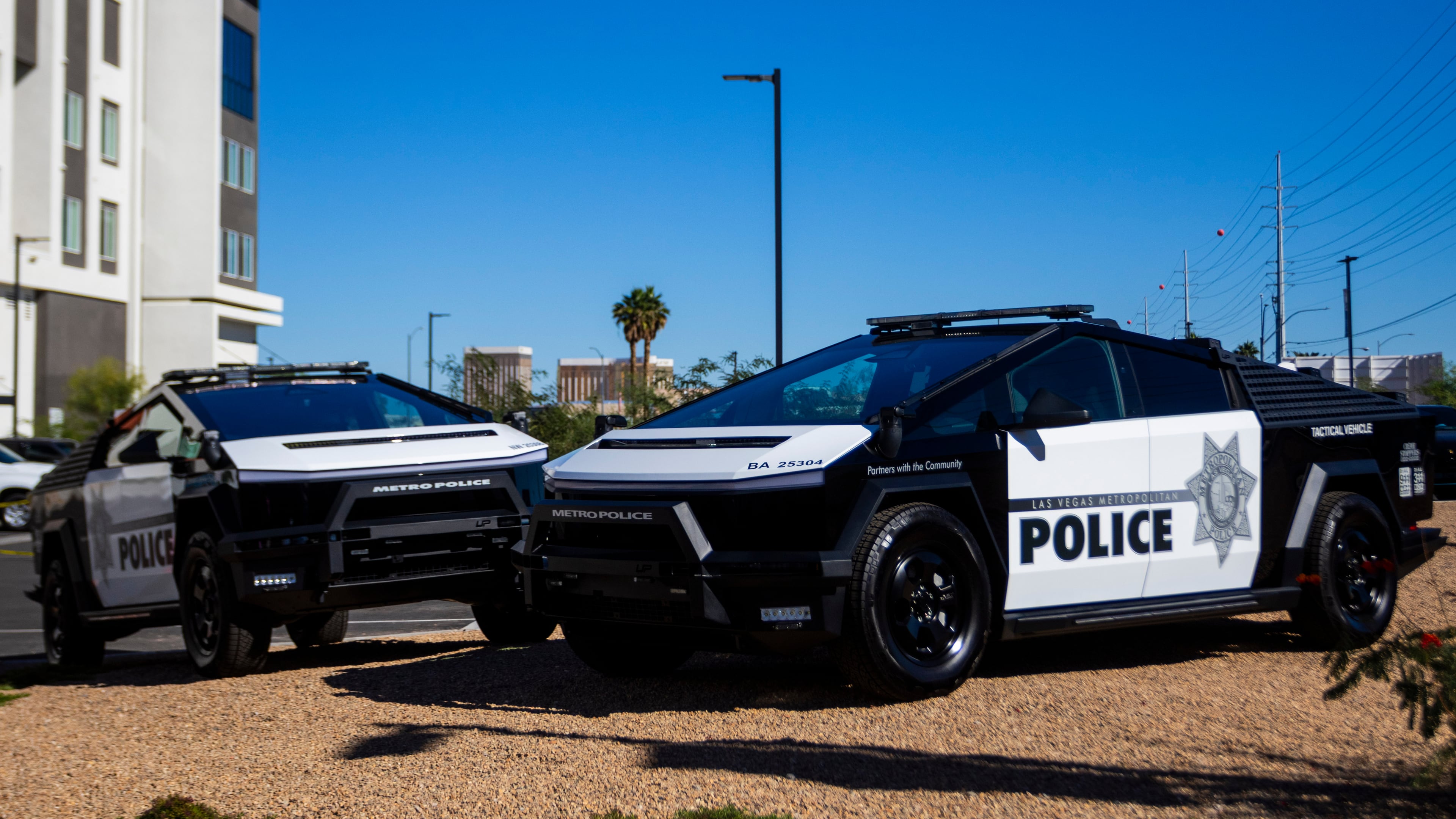 Tesla Cybertrucks owned by the Las Vegas Metro Police department is on display in Las Vegas on Tuesday Oct, 28th 2025. (AP Photo/Ty ONeil)