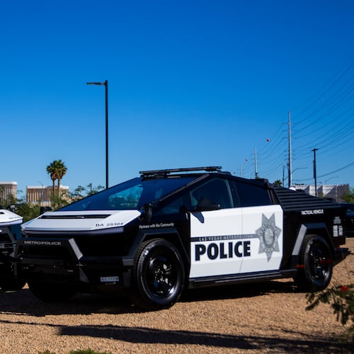 Tesla Cybertrucks owned by the Las Vegas Metro Police department is on display in Las Vegas on Tuesday Oct, 28th 2025. (AP Photo/Ty ONeil)
