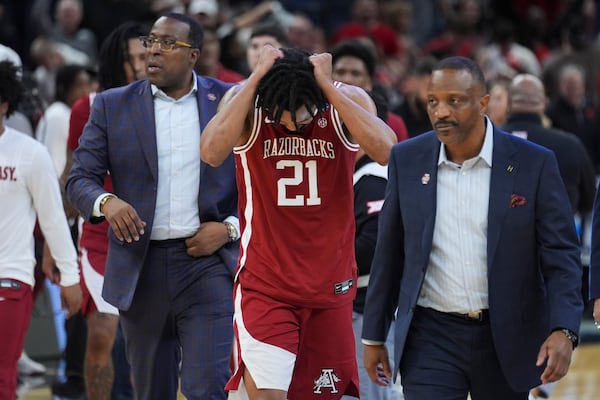 Arkansas guard D.J. Wagner (21) reacts after the Sweet 16 of the NCAA college basketball tournament against Texas Tech, Thursday, March 27, 2025, in San Francisco. (AP Photo/Marcio Jose Sanchez)