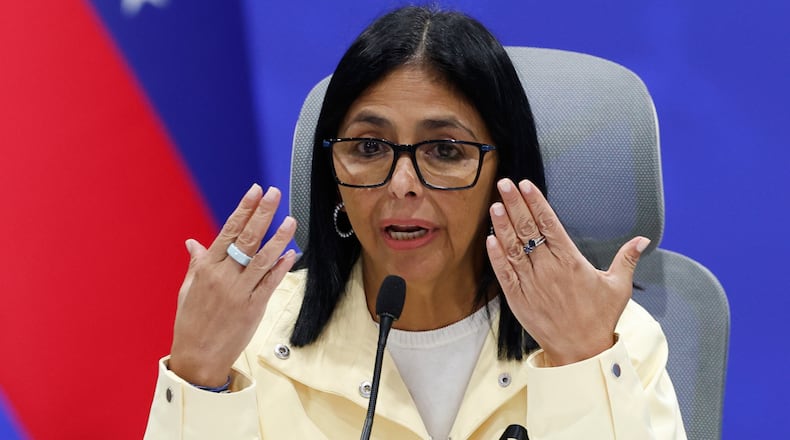 Venezuela's acting President Delcy Rodríguez speaks during a press conference addressing the government's response to the back-to-back earthquakes in Caracas, Venezuela, Thursday, July 2, 2026. (AP Photo/Pedro Mattey)
