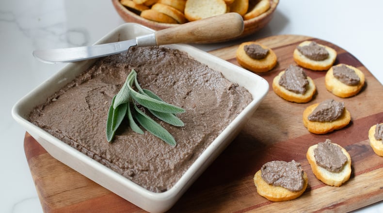 A creamy blend of cremini mushrooms, walnuts and seasoning becomes a rich, savory plant-based spread. (Virginia Willis for The Atlanta Journal-Constitution)