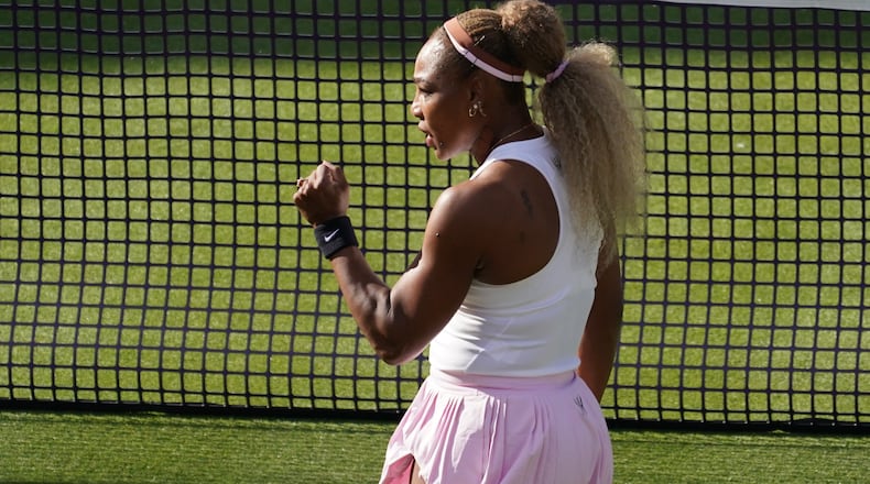 Serena Williams of the United States, celebrates winning a point as she and playing partner Victoria Mboko of Canada play against Nicole Melichar-Martinez of Canada and Erin Routliffe of New Zealand during their first round doubles match at the Queen's Club tennis championships in London, Tuesday, June 9, 2026. (AP Photo/Alberto Pezzali)