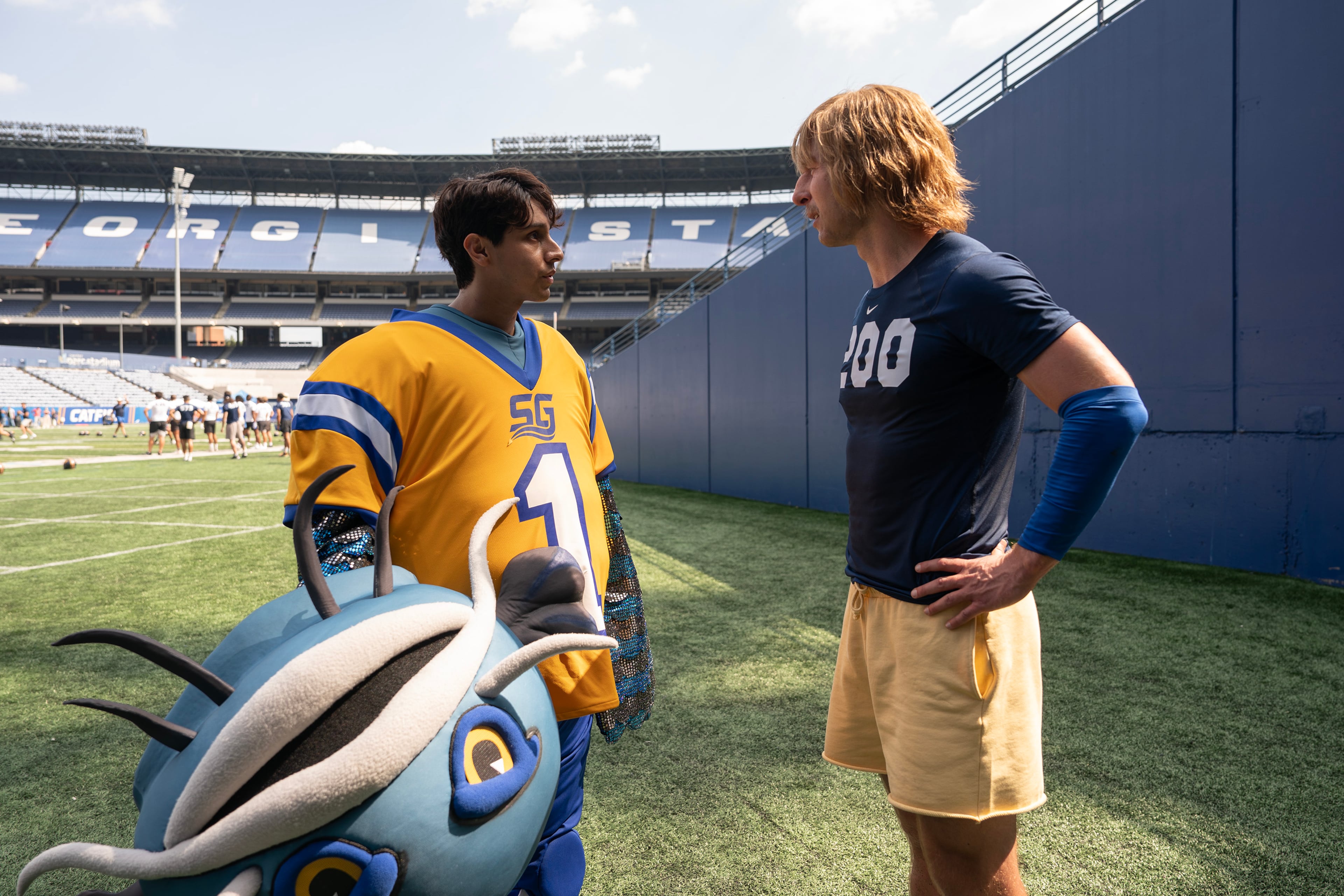 "Chad Powers" used Center Parc Stadium, Georgia State Panthers' home base. Glen Powell (right) and Frankie Rodriguez play Chad Powers and Danny, respectively. (Daniel Delgado/Courtesy of Disney)