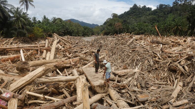 Men stand on logs swept away by flash flood in Batang Toru, North Sumatra, Indonesia, Tuesday, Dec. 2, 2025. (AP Photo/Binsar Bakkara)