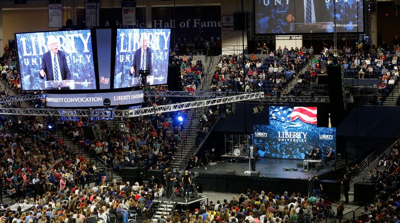 Democratic presidential candidate, Sen. Bernie Sanders, I-Vt. gestures during a speech at Liberty University in Lynchburg, Va., on Monday. AP/Steve Helber