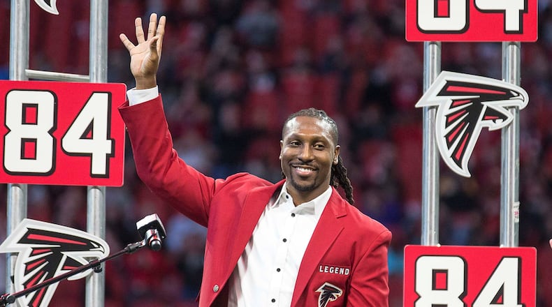 Former Atlanta Falcons wide-receiver Roddy White is inducted into the Atlanta Falcons Ring of Honor Sunday, December 8, 2019, at half-time during a NFL football game against the Carolina Panthers at Mercedes-Benz Stadium in Atlanta. (Alyssa Pointer/AJC)